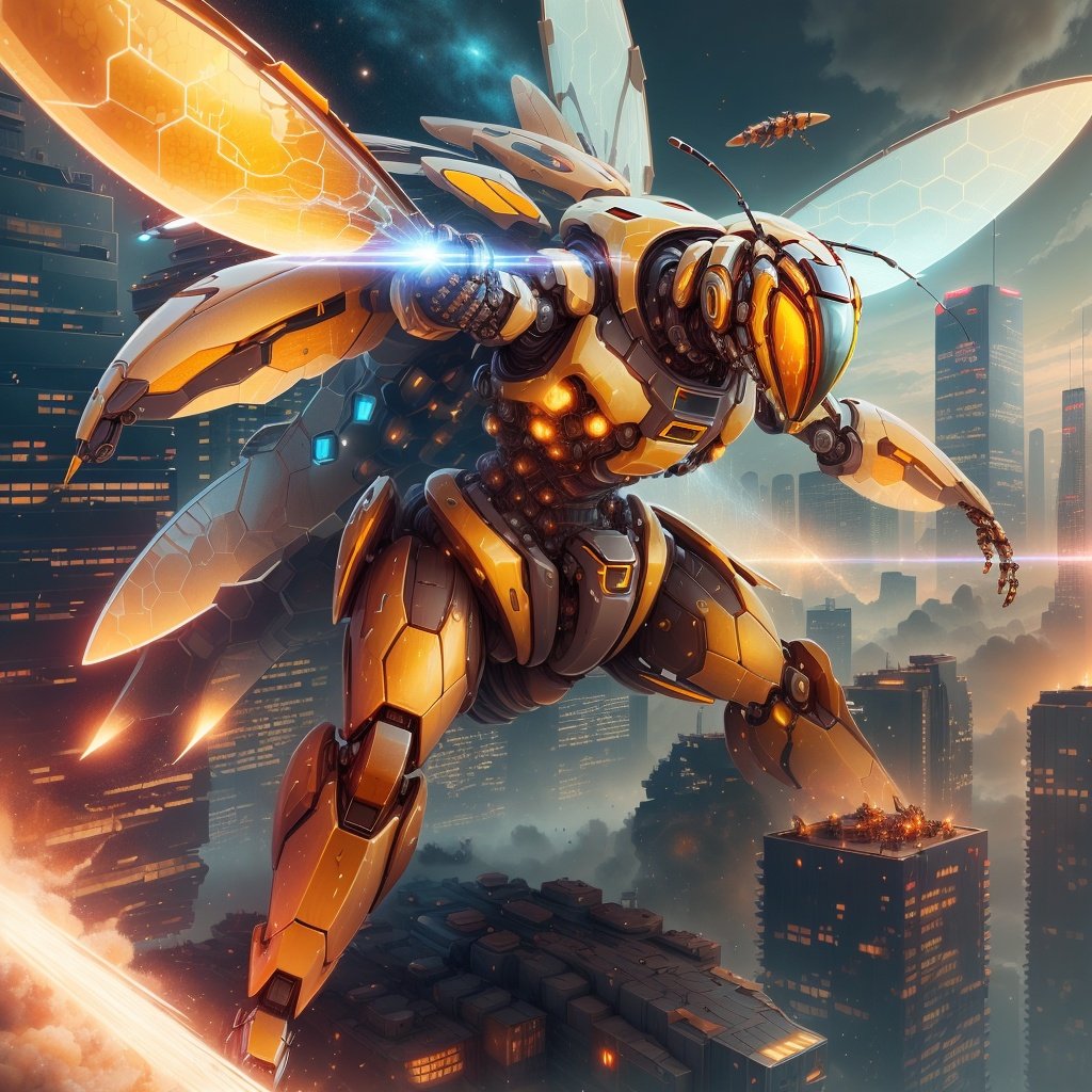 <lora:HoneyTech-20:0.8>,honeytech, honey,scifi,    see-through, battle mech, cityscape, destruction , laser , 