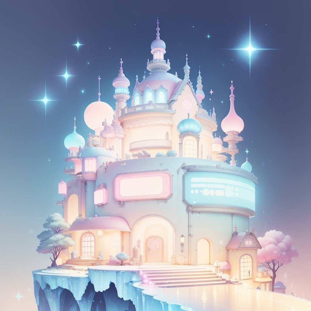 <lora:KawaiiTech-20:1>, kawaiitech,pastel color, kawaii,  cute colors ,scifi,  house on a hill