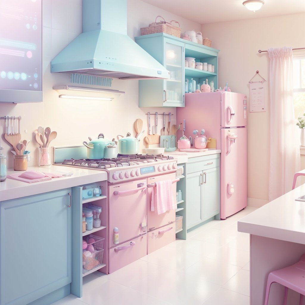 <lora:KawaiiTech-20:1>, kawaiitech,pastel color, kawaii,  cute colors ,scifi,  pink,kitchen, no humans,