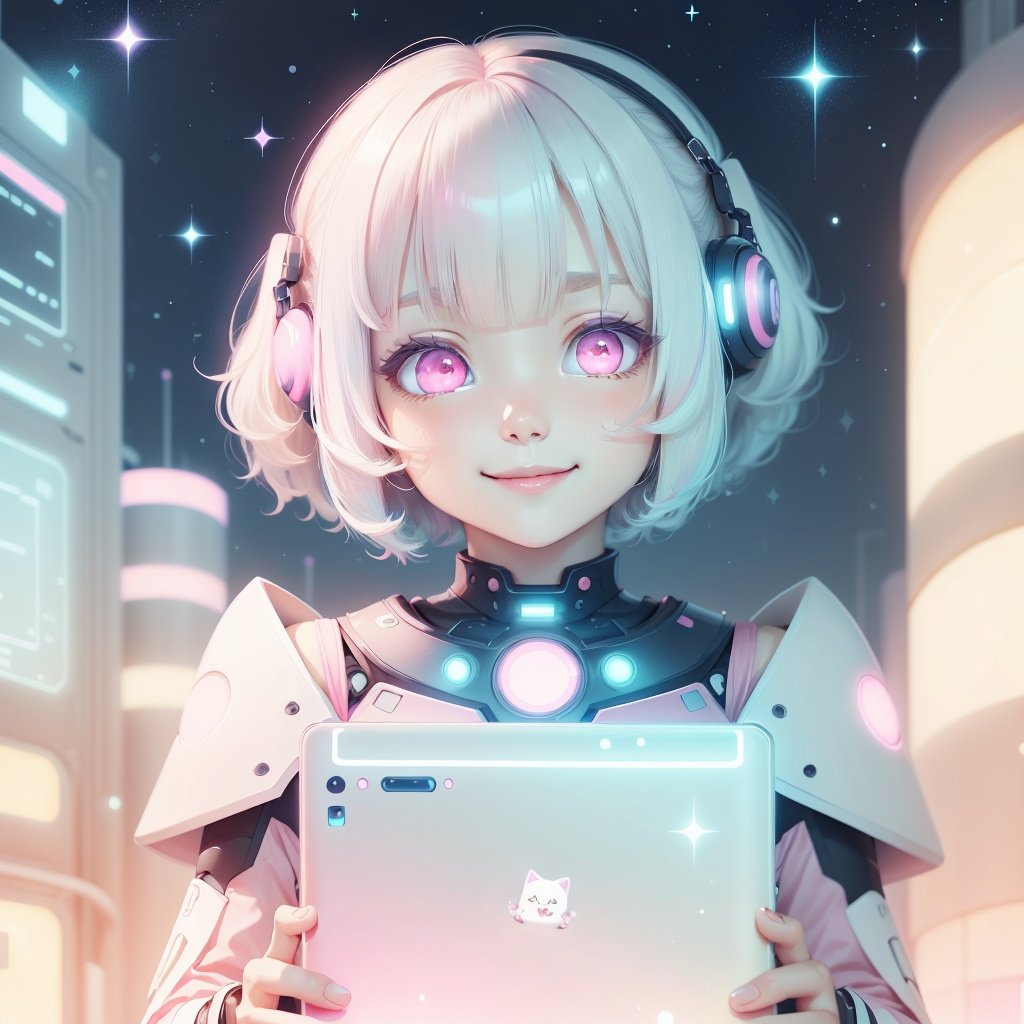 <lora:KawaiiTech-20:1>, kawaiitech,pastel color, kawaii,  cute colors ,scifi,  pink,scholar , scroll, 1girl ,long hair, pale skin,white hair, glowing eyes, smile ,closed mouth,bob cut, 