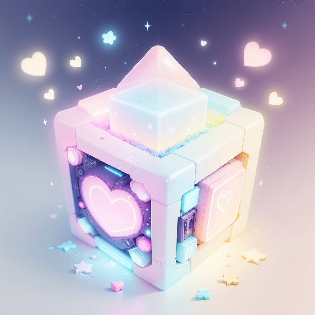 <lora:KawaiiTech-20:0.9>, kawaiitech,pastel color, kawaii,  cute colors ,scifi,  cube, heart shape