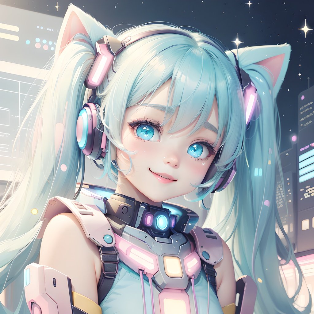 <lora:KawaiiTech-20:0.9>, kawaiitech,pastel color, kawaii,  cute colors ,scifi,  hatsune miku, closed mouth, smile, 