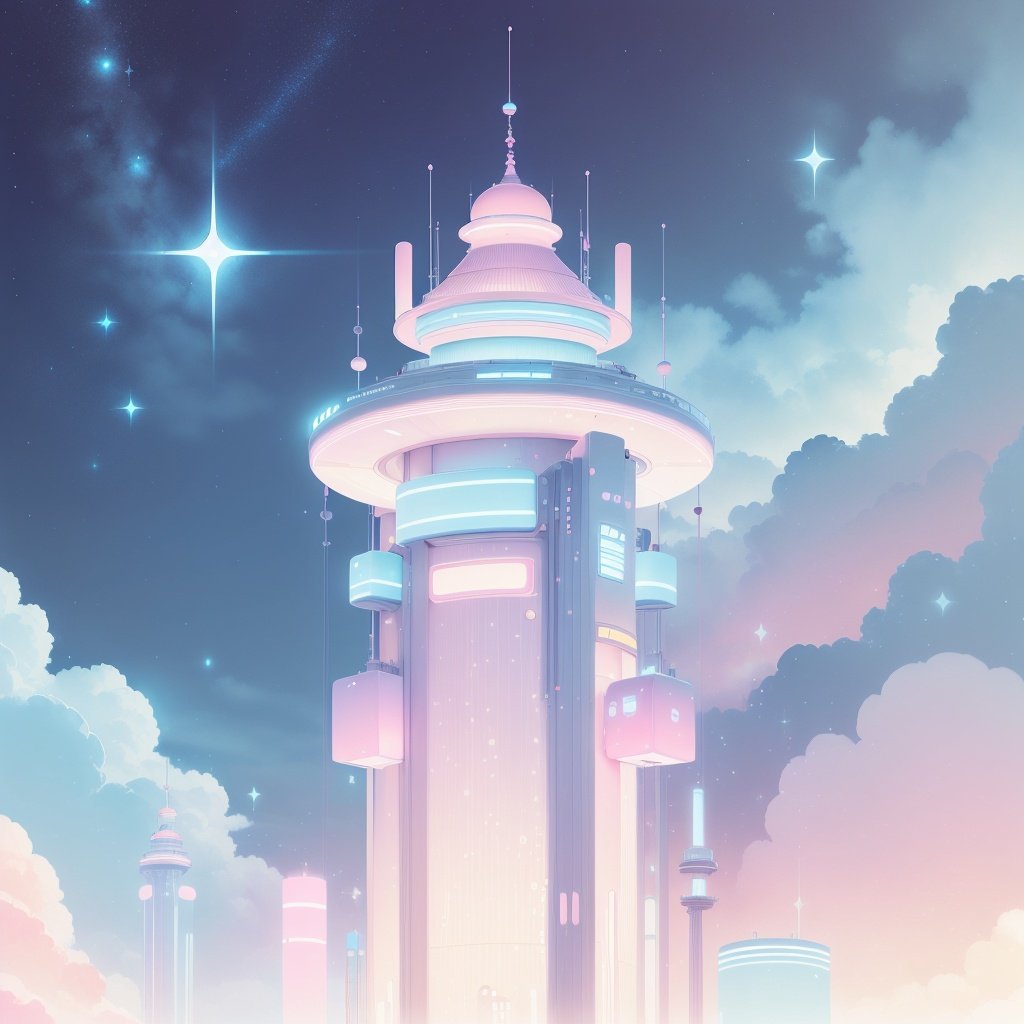 <lora:KawaiiTech-20:1>, kawaiitech,pastel color, kawaii,  cute colors ,scifi,tower 