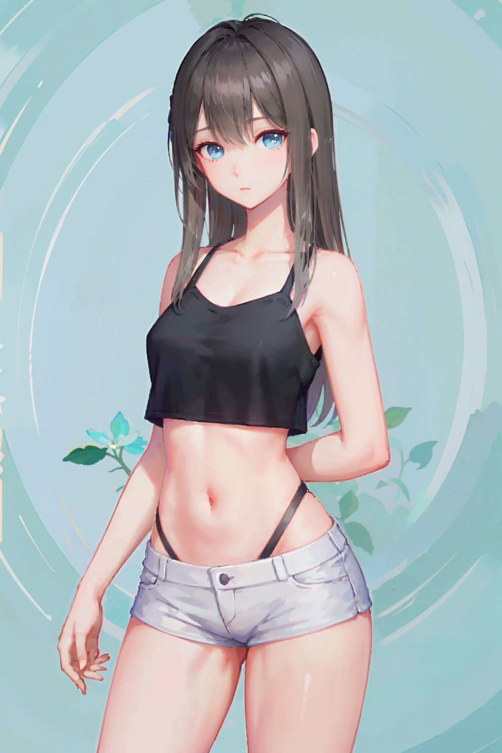 masterpiece,best quality,1girl, bangs, bare_arms, bare_shoulders, blue_eyes, collarbone, cowboy_shot, crop_top, highleg, highleg_panties, long_hair, looking_at_viewer, navel, panties, realistic, short_shorts, shorts,  solo, standing, underwear, ,blue eyes