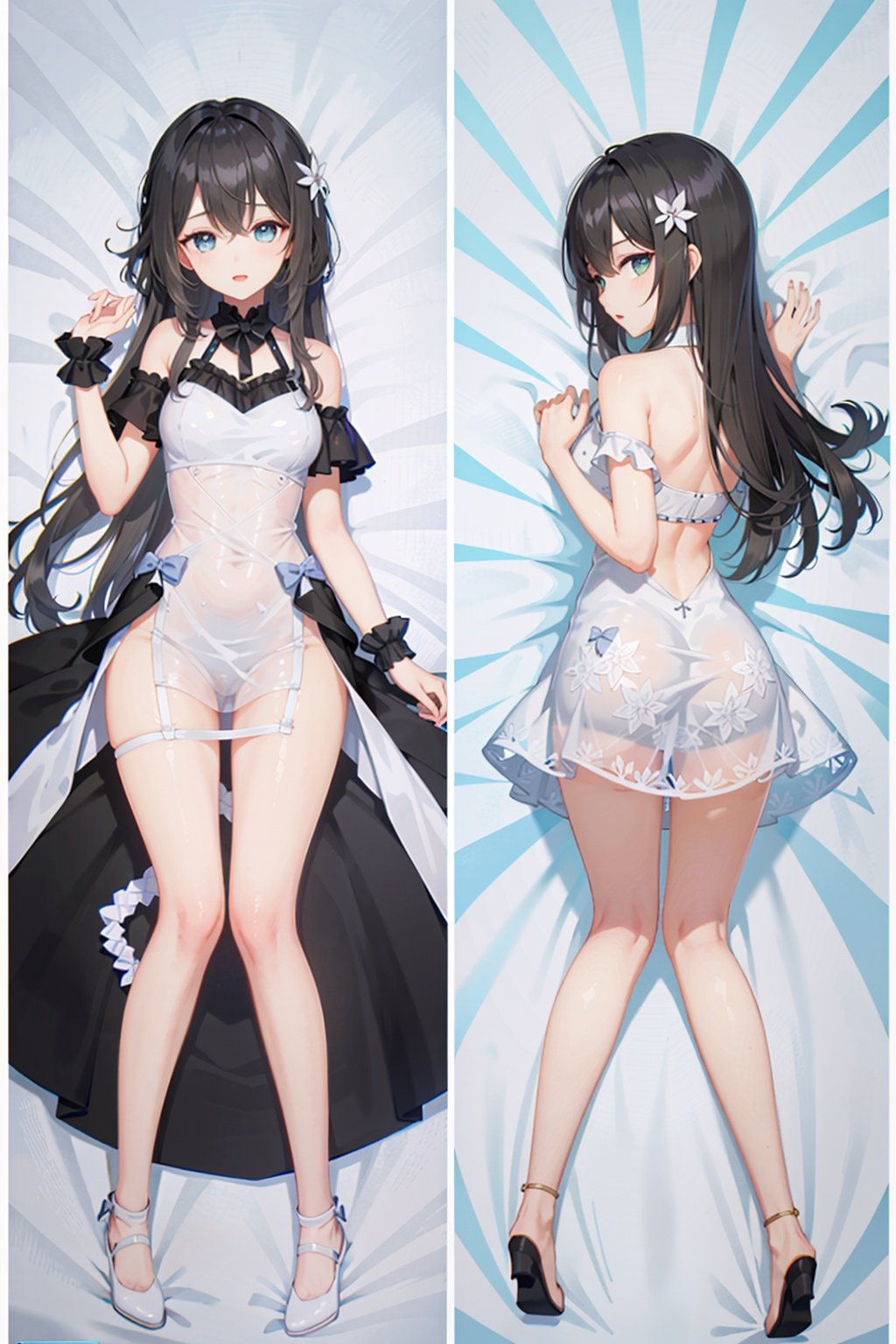 2girls, dakimakura, double views, white bed sheet, (on back:1.2), (looking back:1.1),top-down bottom-up on right view,