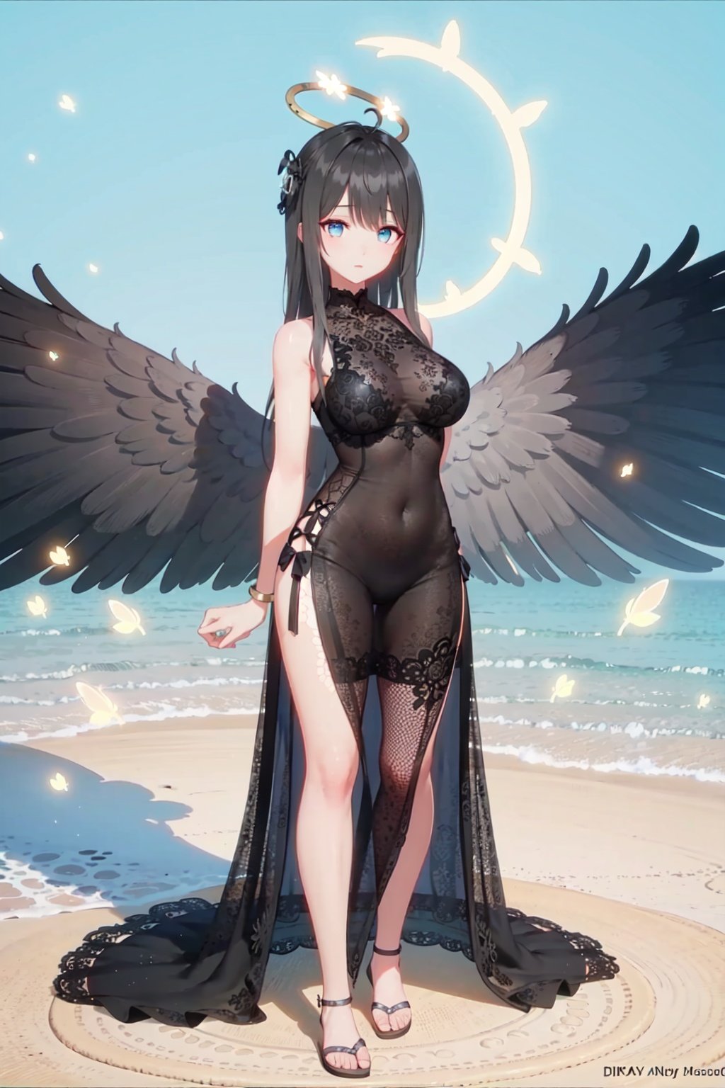 (8k, best quality, masterpiece:1.2), (high detailed skin:1.2), (good anatomy:1.4), symmetrical pose,
masterpiece, best quality, 1girl, black hair, angel of death, innocent, brown eyes, diadem, angel wings, black clothes, full body, arms behind back, sky, halo, post-apocalypse,
,1girl,black hair, blue eyes, hair ornament,(glowing eyes:1.1), (fashion make up),
(beautiful_face), ((intricate_detail)), (revealing clothes:1.2),clear face,
((finely_detailed)),fine_fabric_emphasis,
((glossy)),