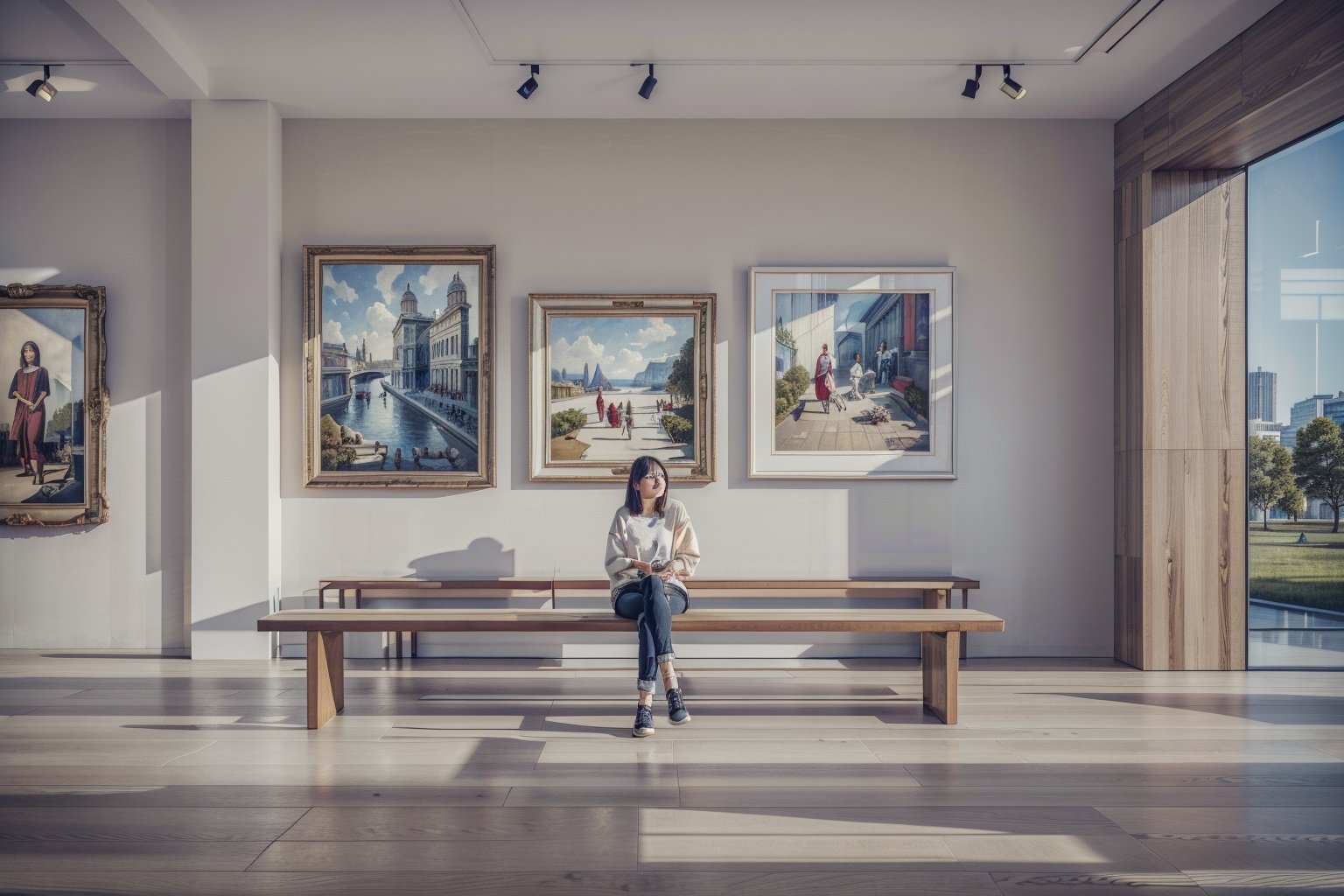 laowang,a woman sitting on a bench in a museum looking at paintings on the wall and floor of a room, (8k, RAW photo, best quality, masterpiece:1.2), (realistic, photo-realistic:1.3)