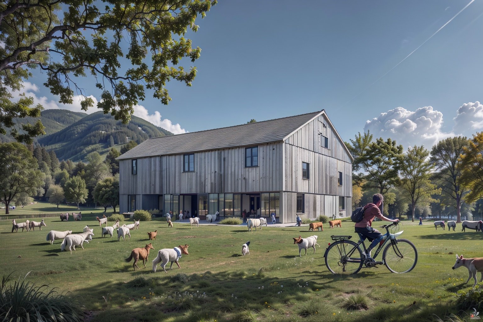 laowang,a barn with a lot of sheep grazing in the grass near it and a person on a bike in front of it, (8k, RAW photo, best quality, masterpiece:1.2), (realistic, photo-realistic:1.3)