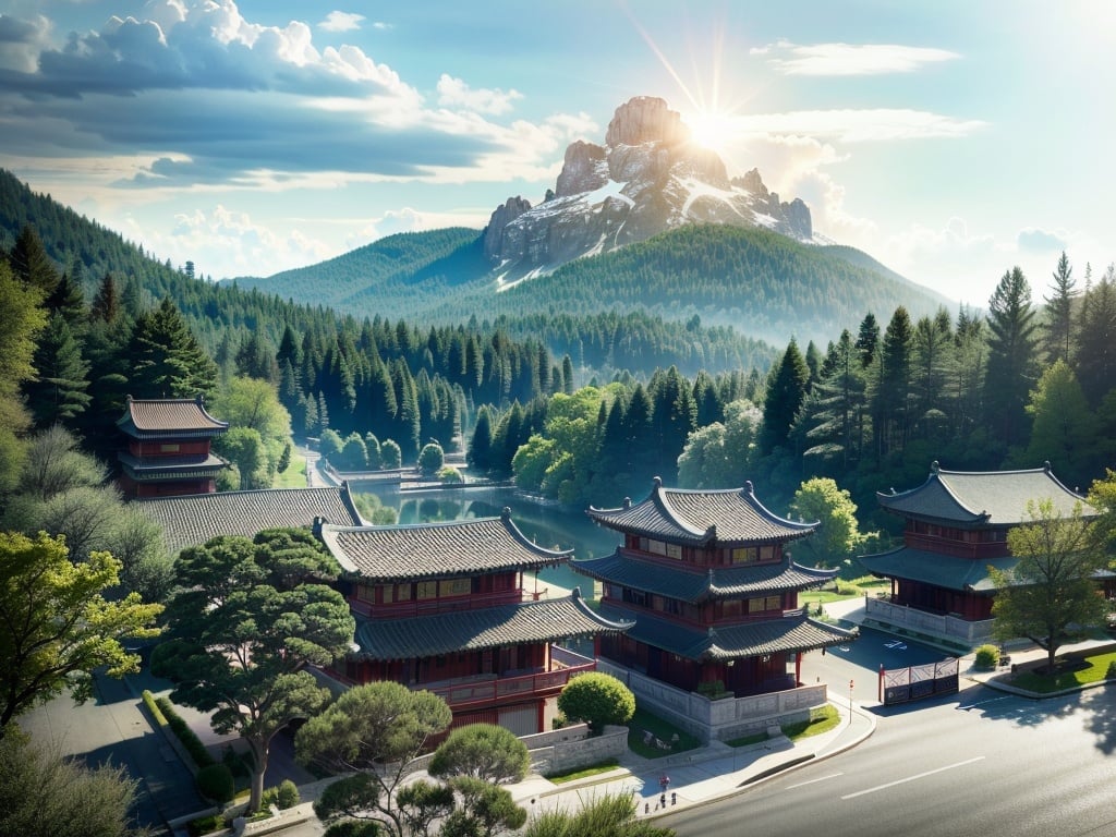 Aerial view, a lot of Chinese architecture houses and a mountain in the background with clouds in the sky, vray,niaokan, (extremely detailed CG unity 8k wallpaper), (masterpiece), (best quality), (ultra-detailed), (best illustration), (best shadow),