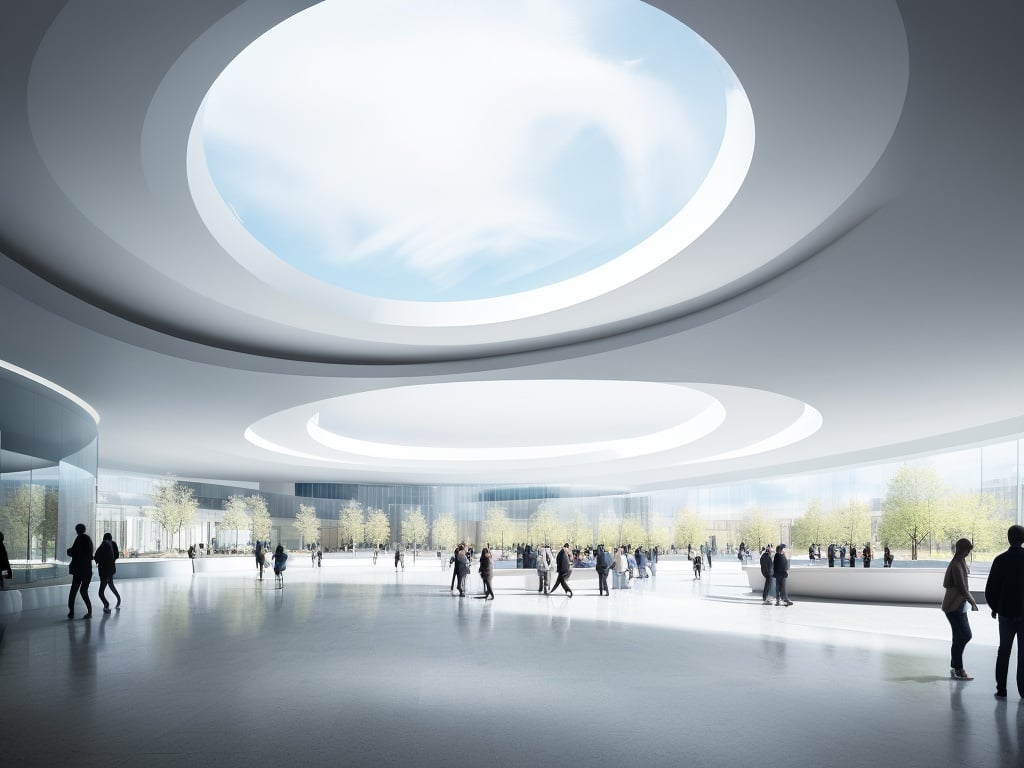 a large white building with a circular ceiling and a skylight above it and people walking around it and a circular ceiling, (8k, RAW photo, best quality, masterpiece:1.2), (realistic, photo-realistic:1.3) <lora:lw-MIR-000006:0.6>