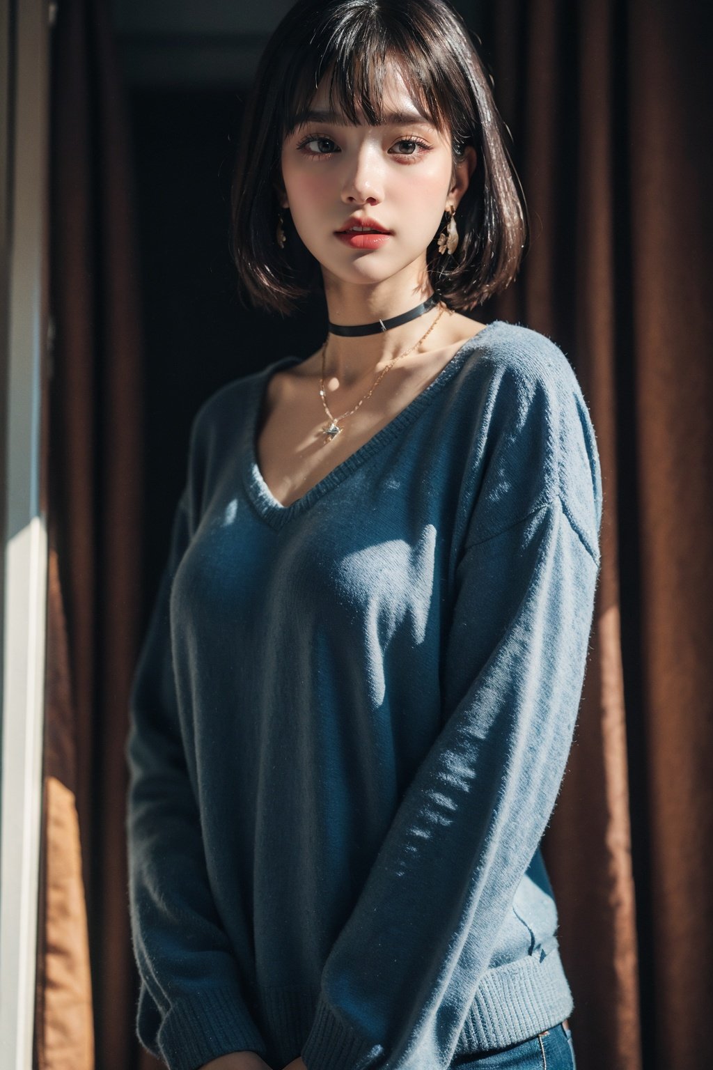 masterpiece, best quality, realistic, 8k, official art, cinematic light, ultra high res, 1girl,  standing, day, sunlight, light on face, Cufflink,jewelry ,necklace ,earrings , Curtain bangs, Choker, Edinburgh Castle, -color- lighting<lora:JPfilmColor_Heavy_grain:0.5> <lora:lowra_v10:0.5>, 