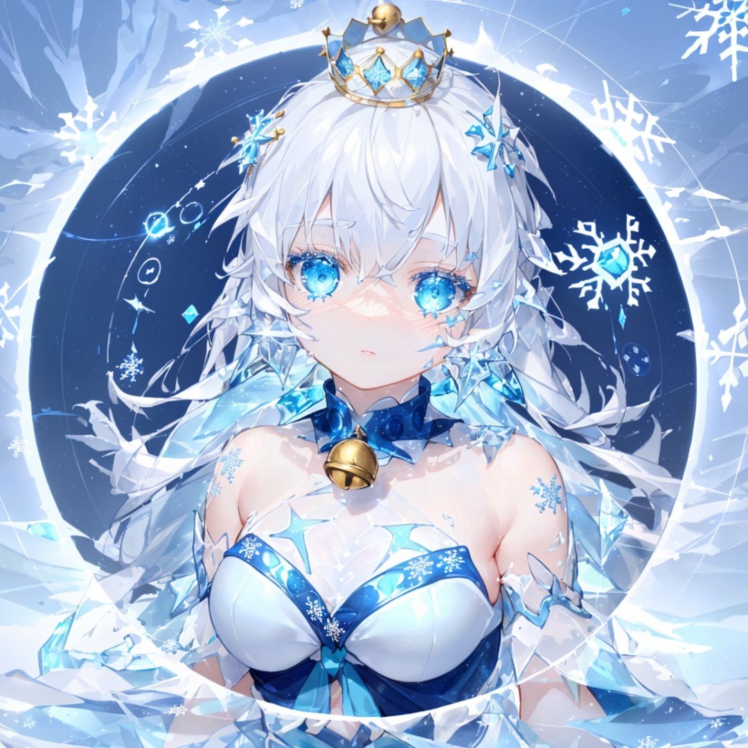 (detailed light), (an extremely delicate and beautiful), volume light, best shadow,cinematic lighting, flash, Depth of field, dynamic angle, [nsfw:0.8], Oily skin,((ice-sculpture-loli)+(detailed eyes)+(detailed messy white ice-hair)+(Extremely delicate and beautiful ice-sculpture-loli)+(Ice-crystals-skin:1.4)+(detailed ice-Texture:1.4))+(Reflective snowflake-skin:1.3)+(blue bustier:1.35)+(Snowflakes on the skin:1.3)+(ice crystals on the skin:1.3)+(ice-snowflake-crown on head:1.25)+(snowflake)+(Cute anime face)+(bell collar:1.3)+(Medium breasts:1.2)+(Extremely delicate and beautiful)+(Flowing-ice:1.3),upper body,(complexity),((detailed blue-fire-magic-circle background:1.3)+(Snowflake-concentric-circles:1.3))