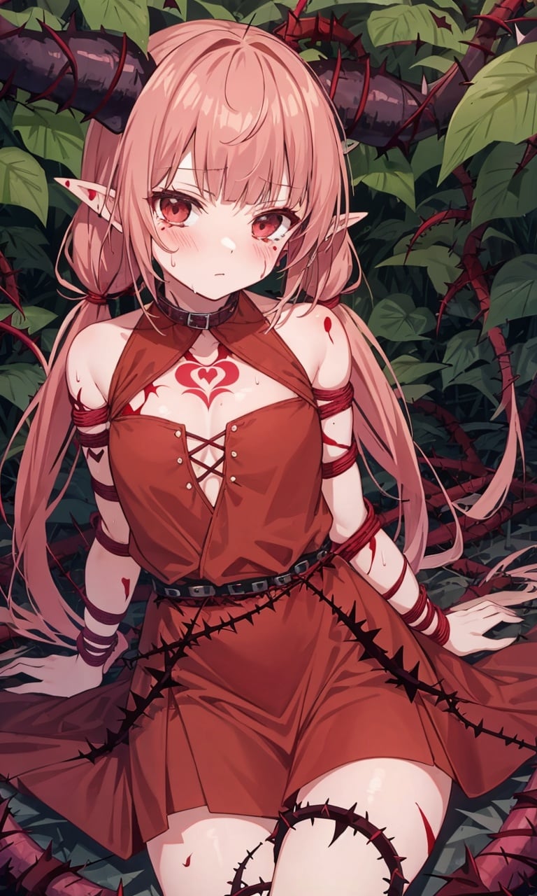 (detailed light), (an extremely delicate and beautiful), volume light, best shadow, flash, Depth of field, dynamic angle, [nsfw:0.88], Oily skin(lots of [red_chain:thorns:0.25] round the loli:1.3), (lots of thorns bound the loli:1.3), (cover up), (cowboy shot), (thorn_wrap_Chest:1.16)(solo:1.2), ((Ibuki Suika(touhou project):0.5)+(Mage(dungeon and fighter):0.5)),pointy ears,red hair,blunt bangs,low twintails, (Two long horns:1.2), (Surprise, sweat, pain), (half-naked:0.6), (Lots of blood and thorns on body:1.2)(Heart_tattoo on chest, lots of flower_tattoo and Vine_tattoo on arms and body), (Lewd stripe)Dark (jungle background), (tropical rainforest), brambles, (bushes, Holland point), tears, (lots of thorns bound the loli:1.3), Flowering vine