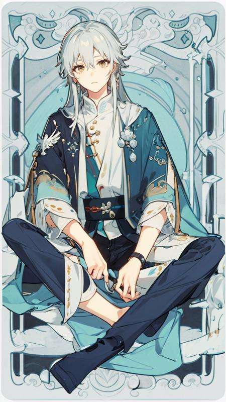 masterpiece, best quality, 1boy, mafeima, solo, sitting,indian style, grey hair, (man:1), handsome, realistic  <lora:风格-塔罗牌-animeTarotCardArtStyleLora_v20Offset[tarot]:0.9> <lora:CHA-星穹-马非马[mafeima]:0.9>