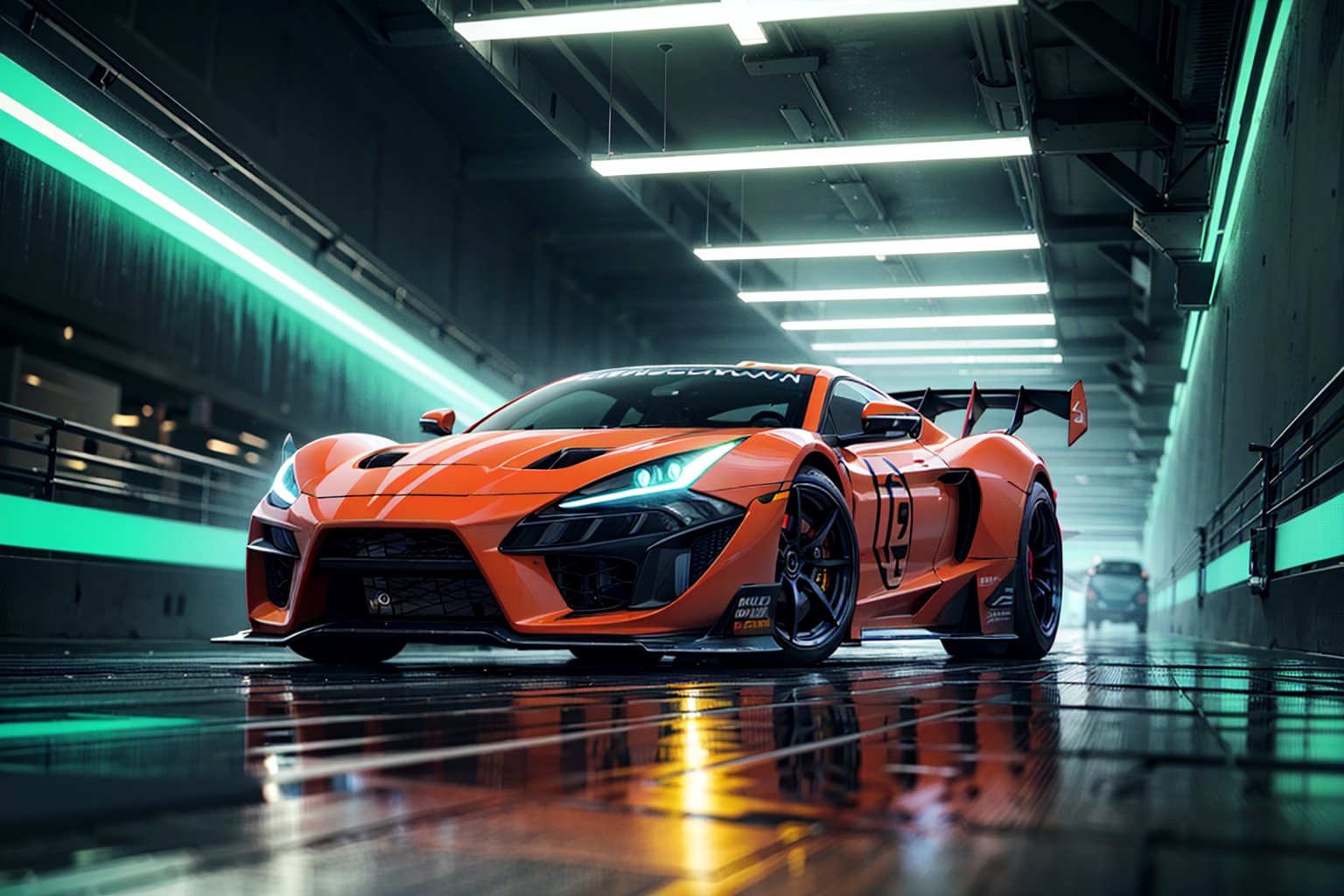 (digital artwork), Super car, wide body kit, modified car, racing livery, rainingmasterpiece, best quality, realistic, ultra highres, depth of field,(full dual colour neon lights:1.2), (hard dual colour lighting:1.4), (detailed background), (masterpiece:1.2), (ultra detailed), (best quality), intricate, comprehensive cinematic, magical photography, (gradients), colorful, detailed landscape, visual key,