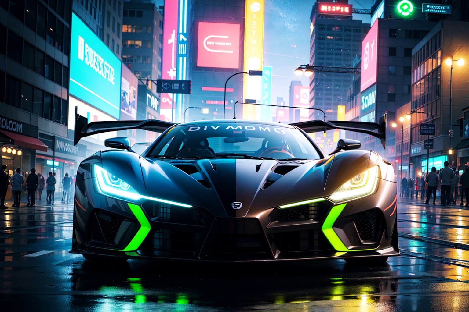 (digital artwork), EV Super car, wide body kit, modified car, racing livery, rainingmasterpiece, best quality, realistic, ultra highres, depth of field,(full dual colour neon lights:1.2), (hard dual colour lighting:1.4), (detailed background), (masterpiece:1.2), (ultra detailed), (best quality), intricate, comprehensive cinematic, magical photography, (gradients), colorful, detailed landscape, visual key,