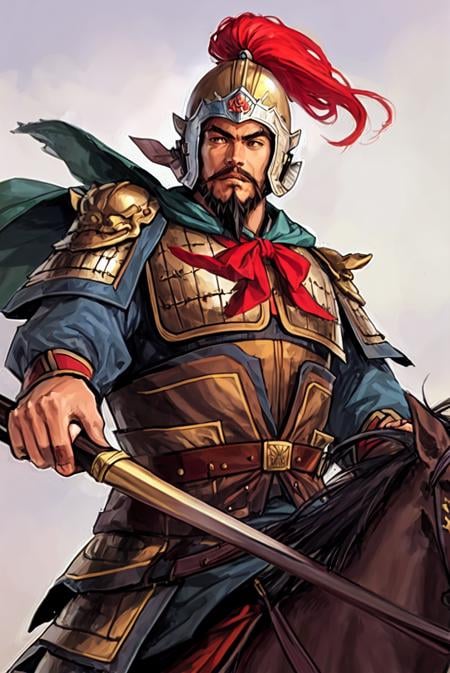 sanguozhi, 1boy, male focus, beard, facial hair, solo, horseback riding,  quiver, helmet,riding, horse, holding weapon, armor, mustache, aiming, white hair<lora:风格-三国志-[sanguozhi]:1>