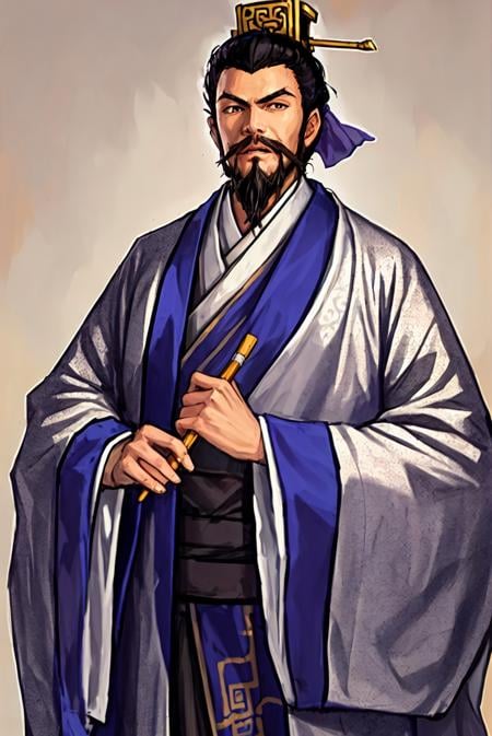 sanguozhi, 1boy, male focus, solo, facial hair, scroll, chinese clothes, hanfu, paintbrush, black hair, mustache, robe, beard, long sleeves, wide sleeves<lora:风格-三国志-[sanguozhi]:1>