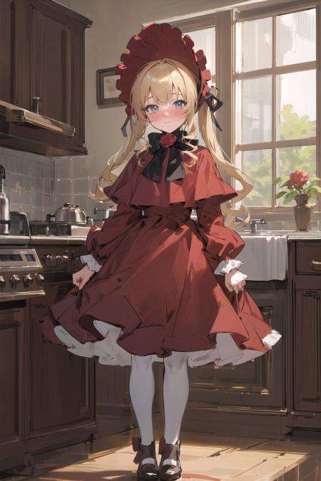 (masterpiece,best quality, detailed), indoors, kitchen, looking at viewer, 1girl, solo, full body, standing, cowboy shot, blush, nose blush,original outfit, 1girl, solo, dress, bonnet, flower, red dress, looking at viewer, rose, white pantyhose <lora:shinku-pynoise:1>