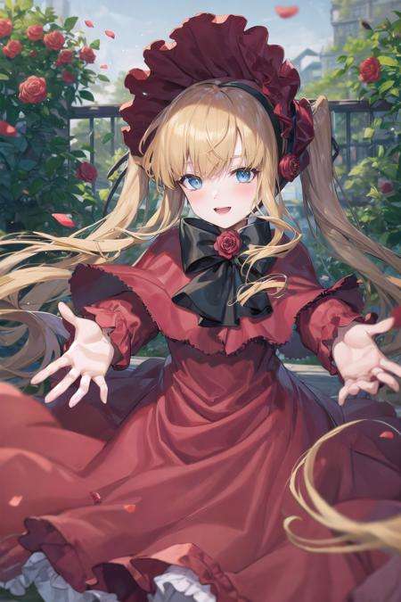 (masterpiece,best quality, detailed), outdoors, garden, 1girl, solo, rose, cowboy shot, smile, open mouth, outstretched arms, looking to the side,<lora:shinku-pynoise:1>original outfit, 1girl, solo, dress, red dress, bow, bangs, petals, looking at viewer, parted lips, white background, bonnet, long sleeves, red flower, red headwear, rose, black bow, black footwear, flower, capelet, blush