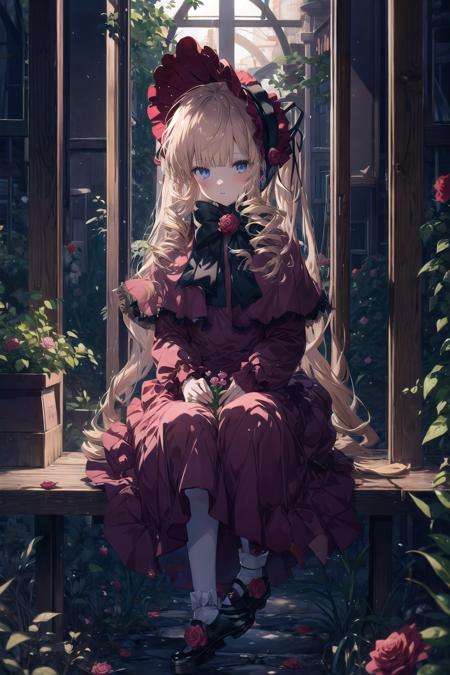 original outfit, 1girl, dress, solo, flower, rose, red dress, bonnet, sitting, long sleeves, shoes, red rose, red flower, pink rose, mary janes, bangs, pink flower, holding,  bow, capelet, black footwear <lora:Rozen Maidenローゼンメイデン-Shinku真紅(With multires noise version):1>