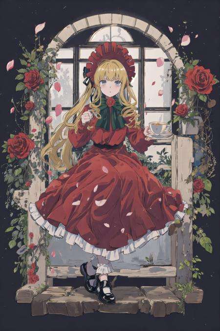 original outfit, 1girl, solo, dress, red flower, rose, flower, red dress, cup, red rose, black footwear, petals, teacup, holding, holding cup, long sleeves, shoes, full body, looking at viewer, bangs, bow, bonnet, red headwear, holding saucer, black ribbon, ribbon<lora:shinku-pynoise:1>