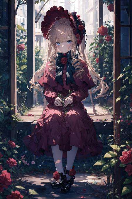 original outfit, 1girl, dress, solo, flower, rose, red dress, bonnet, sitting, long sleeves, shoes, red rose, red flower, pink rose, mary janes, bangs, pink flower, holding,  bow, capelet, black footwear <lora:Rozen Maidenローゼンメイデン-Shinku真紅(With multires noise version):1>