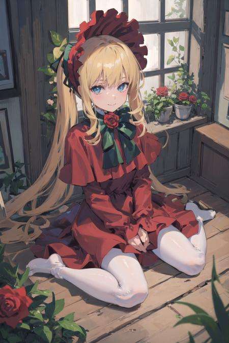 (masterpiece,best quality, detailed), indoors, looking at viewer, 1girl, solo, full body, from above, smile, sitting, wariza,original outfit, 1girl, solo, dress, bonnet, flower, red dress, looking at viewer, rose, white pantyhose<lora:shinku-pynoise-000009:1>