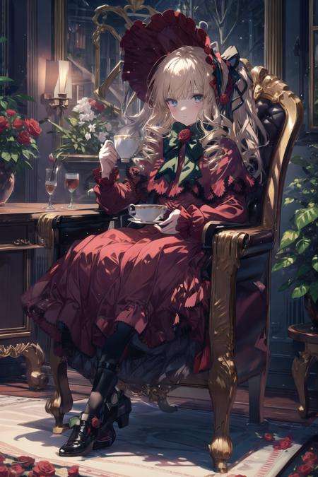 original outfit, 1girl, teacup, solo, dress, flower, cup, sitting, red flower, rose, red dress, bonnet, saucer, red rose, chair, holding cup, holding saucer, red capelet, capelet, bow, holding, black footwear, ribbon, long sleeves, shadow, green bowtie, looking at viewer, full body,  <lora:shinku-pynoise:1>