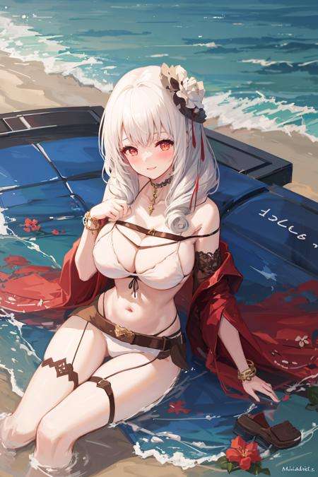 dressLvzov, 1girl, 1girl,large breasts,midriff,light smile, blush,((masterpiece,best quality, detailed)), white bikini, goggles, sash, floral print, bracelet, thigh strap, belt, hair flower, sitting, beach, from above <lora:Lvzovdress-000005:1>