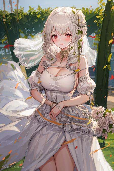 dressLvzov, 1girl, 1girl,large breasts,midriff,light smile, blush,garden,outdoors,standing,cowboy shot, (((wedding dress)))<lora:Lvzovdress-000006:1>