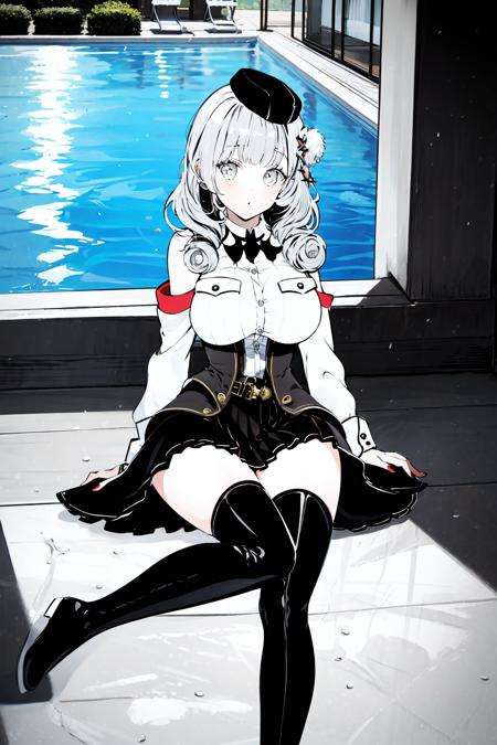 monochrome,lineart,original outfit, 1girl,hat, large breasts, thighhighs,solo,wariza,thigh boots boots, white shirt, black skirt, black footwear, bangs<lora:LvzovOG-000009:1>indoors, poolside,  <lora:画风-线稿animeLineartStyle_v10Offset[monochrome,lineart]:1>