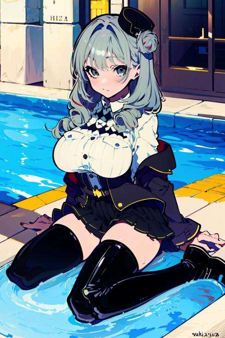 original outfit, 1girl,hat, large breasts, thighhighs,solo,wariza,thigh boots boots, white shirt, black skirt, black footwear, bangs<lora:LvzovOG-000009:1>indoors, poolside, <lora:画风-望月:1>