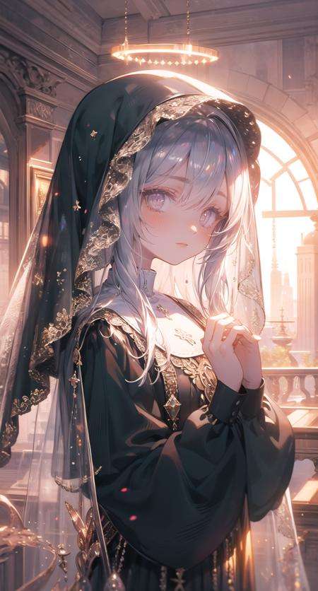 mirrornun, portrait, 1girl, solo, nun, upper body, long sleeves, blush, habit, own hands together, long hair, looking at viewer, closed mouth, halo, bangs, dress, grey eyes, black dress, sparkle, hands up, grey hair, veil <lora:mirrornun-noise:1>