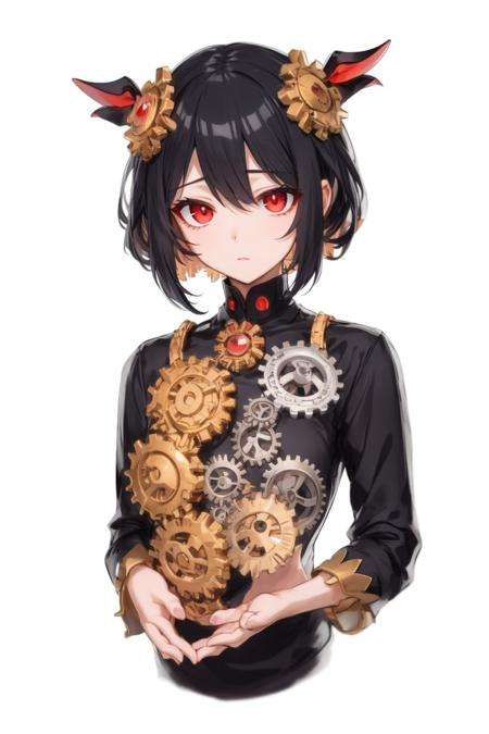 zhubao, no humans,red eyes,black hair, white background, simple background, gears<lora:zhubao-000008:0.8>