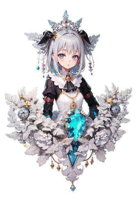 zhubao,no humans,gem, dog, gloves, gears, white background, belt, ascot, grey hair <lora:zhubao-000008:0.85>