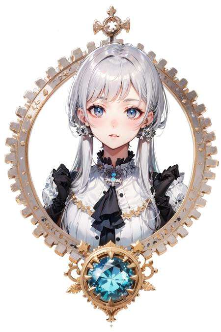 zhubao,no humans,gem, male focus, gloves, gears, white background, belt, ascot, grey hair <lora:zhubao-000008:0.85>