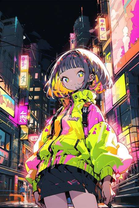 masterpiece, best quality, 1girl, city pop, night, neon light, looking at another, upper body, vector illustration, jacket, light smile, blunt bangs, long hair  <lora:swatchescyber:1>