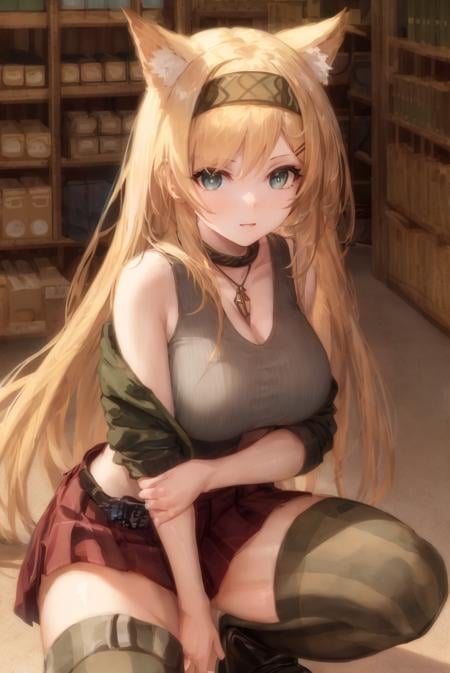 (Highest picture quality), (Master's work), (Detailed eye description), (8K wallpaper), (Summer plant room), girl with yellow hair, long hair, slightly curly hair tail, hair arrangement,squatting, (Detailed face description), headband,bras,factory,short skirt,striped legwear,jacket,animal ears,headband,1girl,long_hair, looking_at_viewer, medium_breasts, cowboy shot ,  <lora:AK-粥游-号角Horn-OG:0.9>