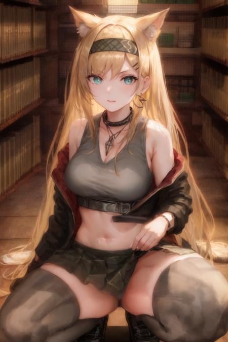 (Highest picture quality), (Master's work), (Detailed eye description), (8K wallpaper), (Summer plant room), girl with yellow hair, long hair, slightly curly hair tail, hair arrangement,squatting, (Detailed face description), headband,bras,factory,short skirt,striped legwear,jacket,animal ears,headband,1girl,long_hair, looking_at_viewer, medium_breasts, cowboy shot ,  <lora:AK-粥游-号角Horn-OG:0.8>