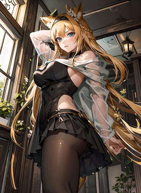 masterpiece,best quality, detailed),efflorescehorn,1girl, skirt, solo, breasts, long hair, pantyhose, looking at viewer, large breasts, hat, shirt, pleated skirt, bangs, black skirt, blush, off shoulder, from below, white shirt, long sleeves,arms behind back, miniskirt, ass, jacket, closed mouth, very long hair, brown pantyhose, indoors, beret, open clothes, black jacket, <lora:efflorescehorn-pynoise-000008:1>