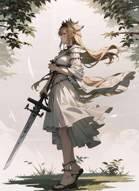 efflorescehorn, 1girl, solo, sword, weapon, holding, dress, holding sword, white dress, holding weapon, from side, sandals, standing, breasts, full body, plant<lora:efflorescehorn-pynoise-000009:1>