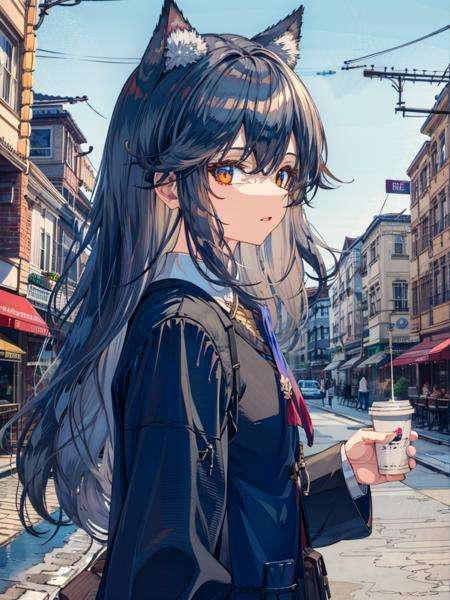 1girl,head,shamare,simple city background,holding coffee cup,Omertosa,cowboy shot,<lora:AK-粥游-德克萨斯异格-[Omertosa,head]:1> <lora:画风-ligneart(cogecha焦茶)(权重可以稍大一些):1>