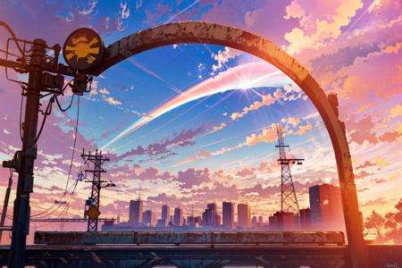 octans, no humans, scenery, cloud, sky, reflection, outdoors, sunset, signature, cloudy sky, sign, utility pole, building, power lines, road sign, blue sky, mirror, city, sun, cityscape, horizon, lens flare<lora:octans:1>