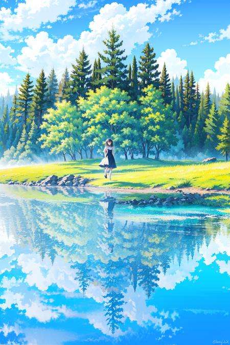 octans, 1girl, scenery, outdoors, solo, cloud, sky, long hair, day, tree, water, blue sky, reflection, nature, cloudy sky, grass, standing, dress, forest, skirt, black hair, fantasy.<lora:octans:1>