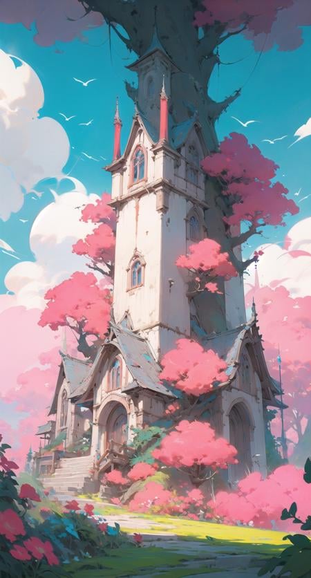 fantahouse, sky, bird, scenery, outdoors, red sky, no humans, day, cloud, tree,red tower, building, flower <lora:fantahouse-noise:0.7>