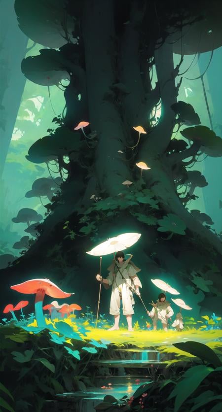 fantahouse, nature, tree, mushroom, forest, scenery, umbrella, outdoors, backpack, holding, multiple boys <lora:fantahouse-noise:1>