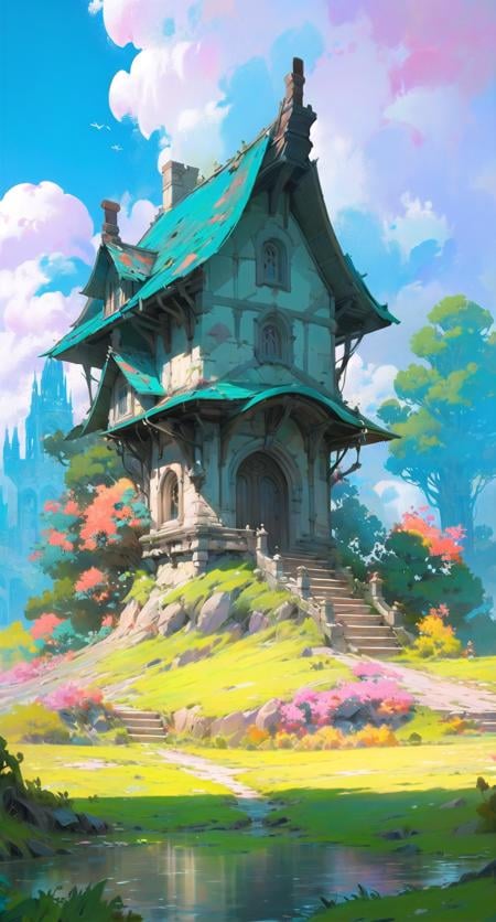 fantahouse, scenery, sky, outdoors, tower, day, no humans, cloud, blue sky, castle, tree, fantasy, grass, building <lora:fantahouse-noise:1>