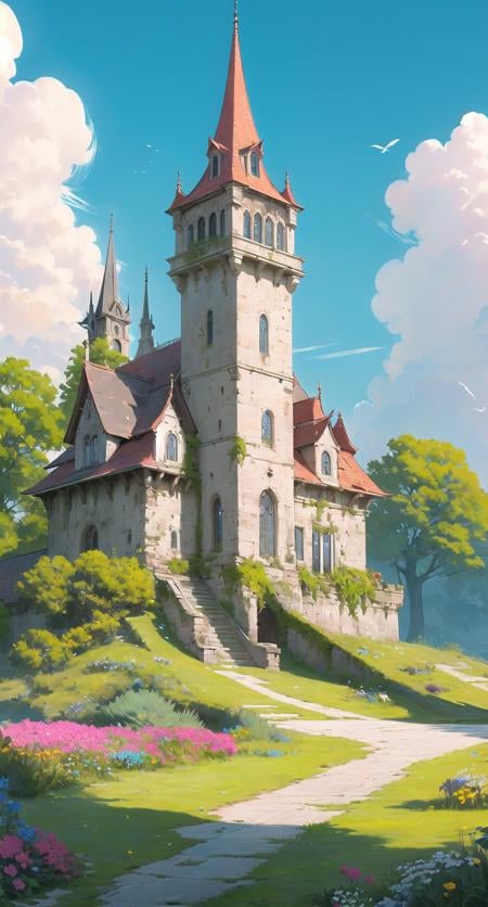 fantahouse, scenery, outdoors, sky, no humans, day, cloud, blue sky, flower, building, castle, tree,  bird, grass, tower <lora:fantahouse-noise:0.6>