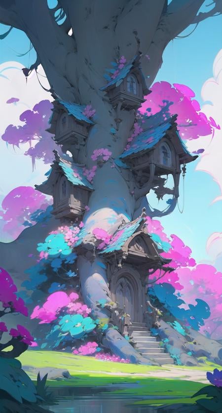 fantahouse, tree, flower,scenery, outdoors, tower <lora:fantahouse-noise:1>